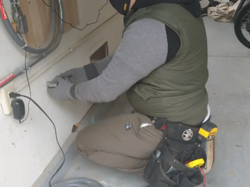 Electrician performing outlet wiring in a Pembroke garage